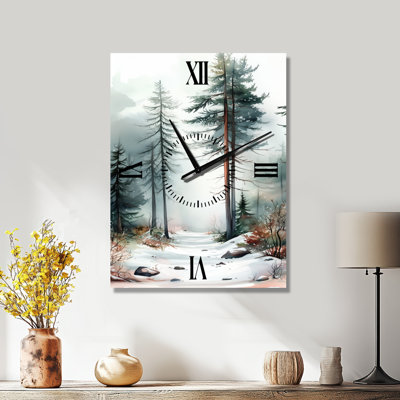 Chemin de la forêt de pins enneigés I - Horloge murale en métal pour cabane