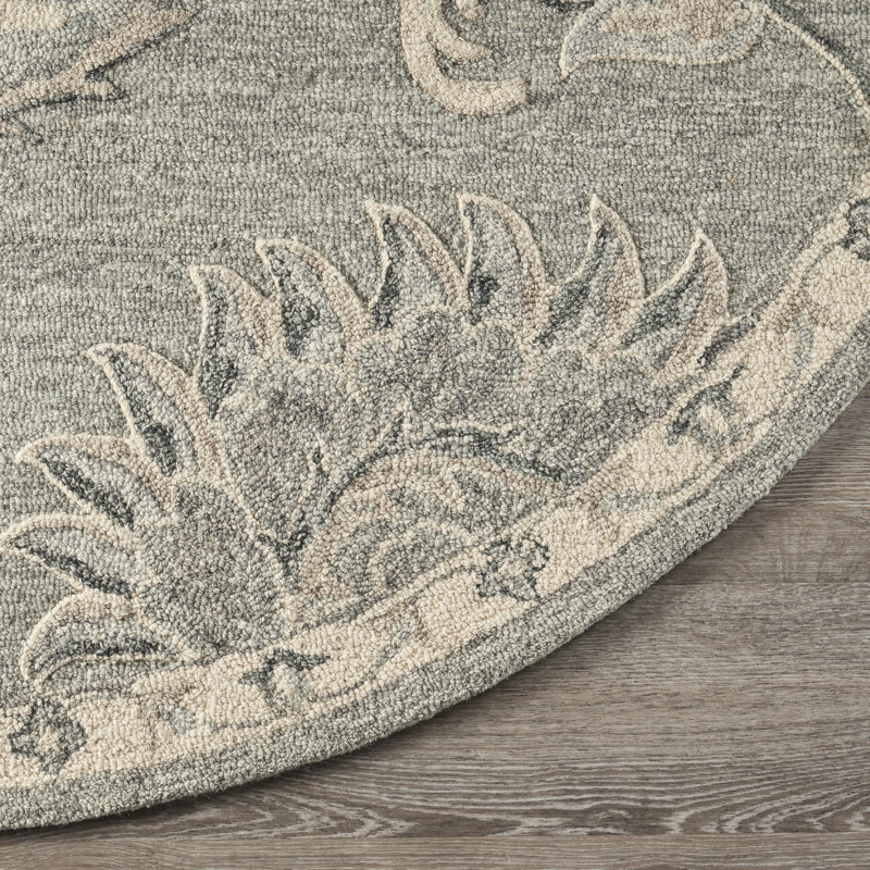 Tapis d'intérieur gris / traditionnel en laine naturelle fabriqué à la main Munz, Rond 4 pi 10 po