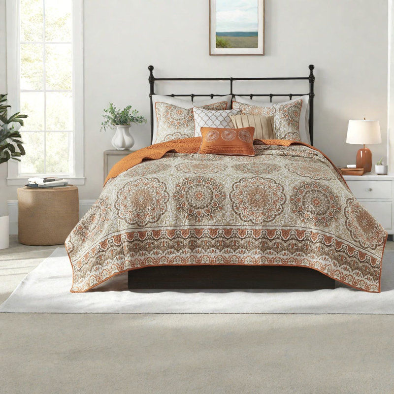 Ensemble de literie réversible pour très grand lit, médaillon moderne en coton