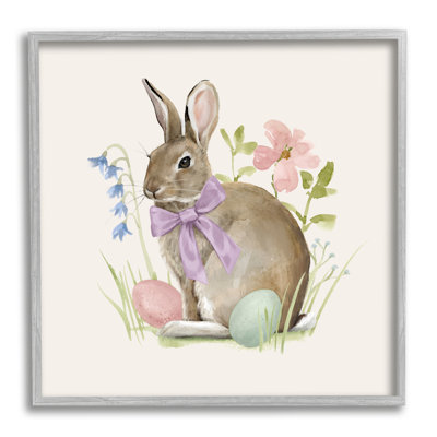 Lapin de printemps, œufs de Pâques, fleurs en fleurs, giclée noire encadrée, art texturé par Victoria Barnes