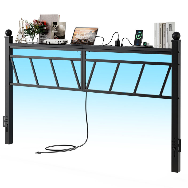  California King Size Headboard With Storage, 60,000 Diy Color Of Led Lights, Cal King Metal Head Board With Charging Station, Modern Freestanding Headboard Only, Easy Assembly, Black