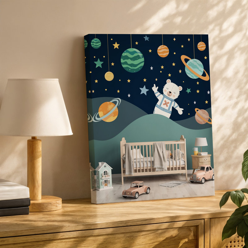 Toile, scène de chambre de bébé fantaisiste mettant en vedette un lit de bébé douillet contre un art mural, nuit étoilée vibrante représentant un ours enjoué sur toile