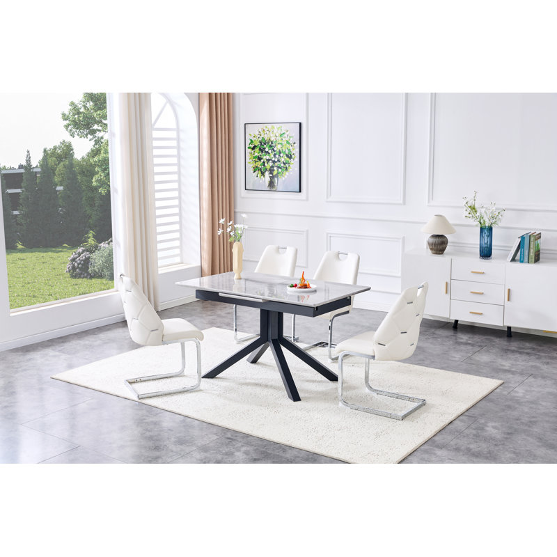 Ensemble de salle à manger contemporain, table extensible en panneau de fibres à densité moyenne et 4 chaises en similicuir de qualité supérieure avec dossier à rivets (1 table avec 4 chaises robustes à structure en métal)