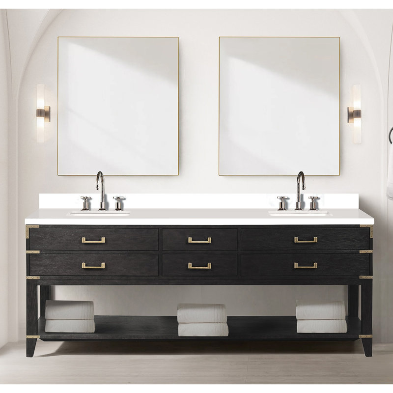 Ensemble de meuble-lavabo double en chêne noir l 84 po x P 22 po, plateau en marbre de culture et robinet, Cultured Marble