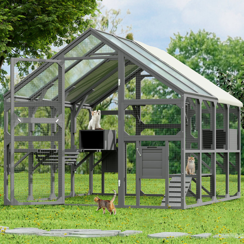 Grand patio pour chat pour plusieurs chats - maison en bois avec 7 plateformes, 2 boîtes de repos, pont, rampe et cage de sécurité, abri de toit gris, caractéristique supplémentaire, matériaux