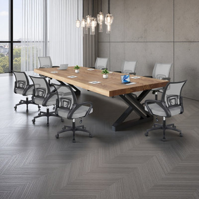 Industrial-style solid wood conference table and chair set, paired with office chairs by 17 Stories