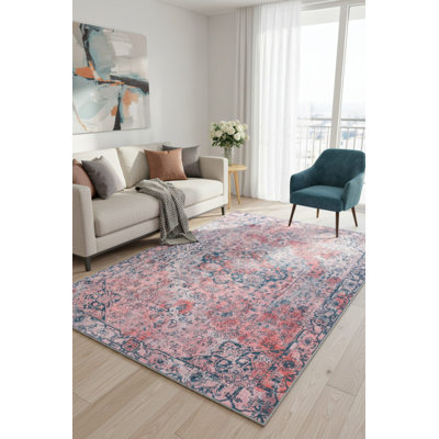 Pink Grey Vintage Look Woven Base Decorative Carpet