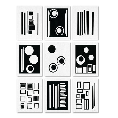 «Black and White Abstract Geometric Shape Designs» par Regina Moore, ensemble de 9 reproductions d'art sur toile non encadrées