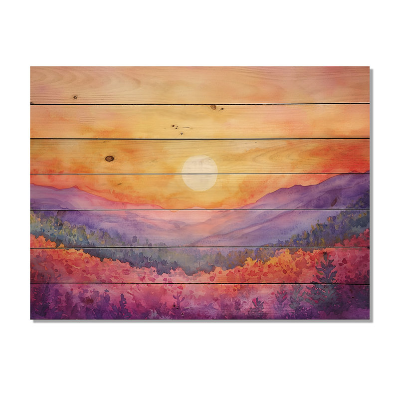 Coucher de soleil avec fleurs sauvages II - paysage traditionnel sur bois de pin naturel, H 34 po x l 44 po