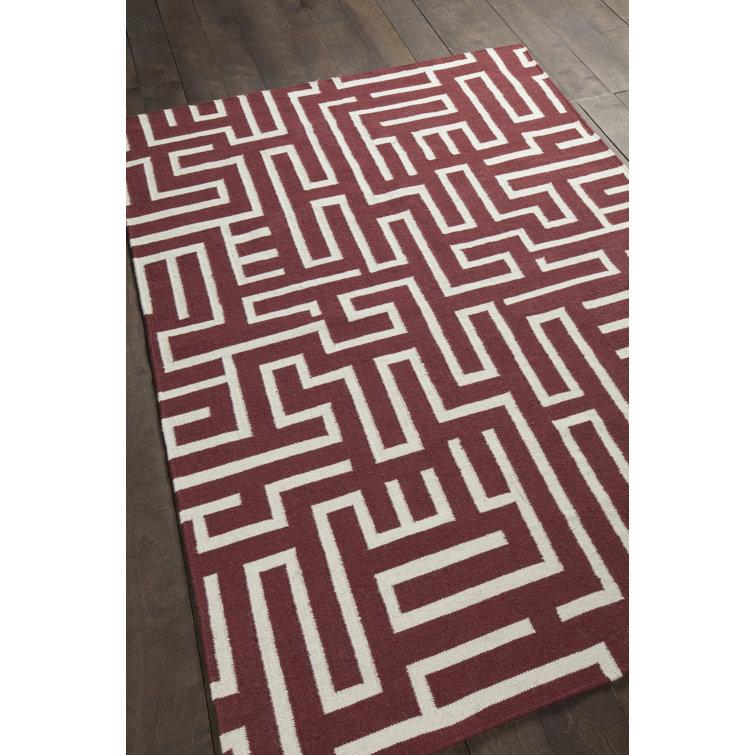 Chevella Authentic Flatwoven Handmade Red & Ivory Reversible Modern Geometric Maze Wool & Cotton Area Rug