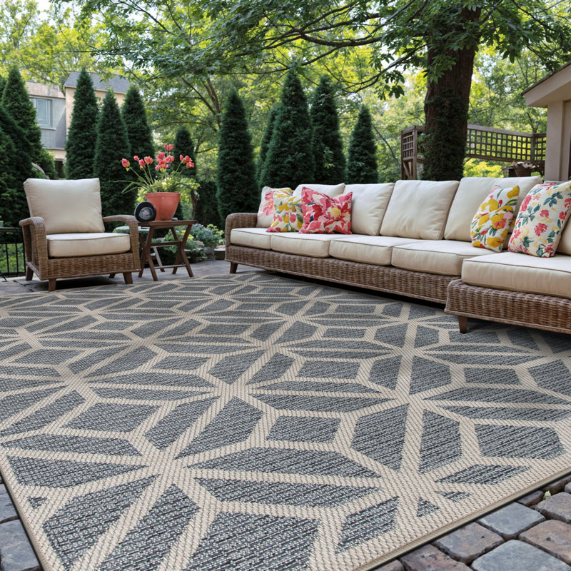 Pissouri Geometric Blue/Grey/Ivory Indoor / Outdoor Area Rug, Rectangle 10' x 14'