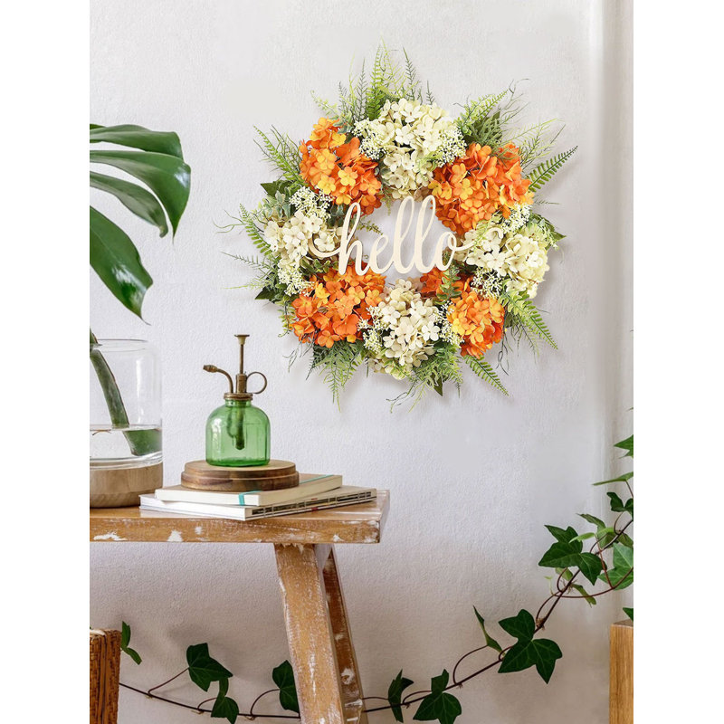 Couronne de 17,10 pouces pour porte d'entrée, couronne florale d'hortensia artificielle, décoration florale à feuilles, mur de style campagnard, rebord de fenêtre et décoration de cheminée.