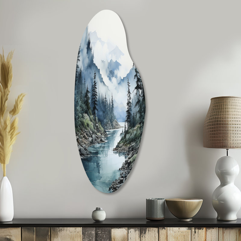Gris gris bleu, forêt minimaliste Reflections II - Minimalisme, forme incurvée, art mural métallique, H 38 po x l 15 po
