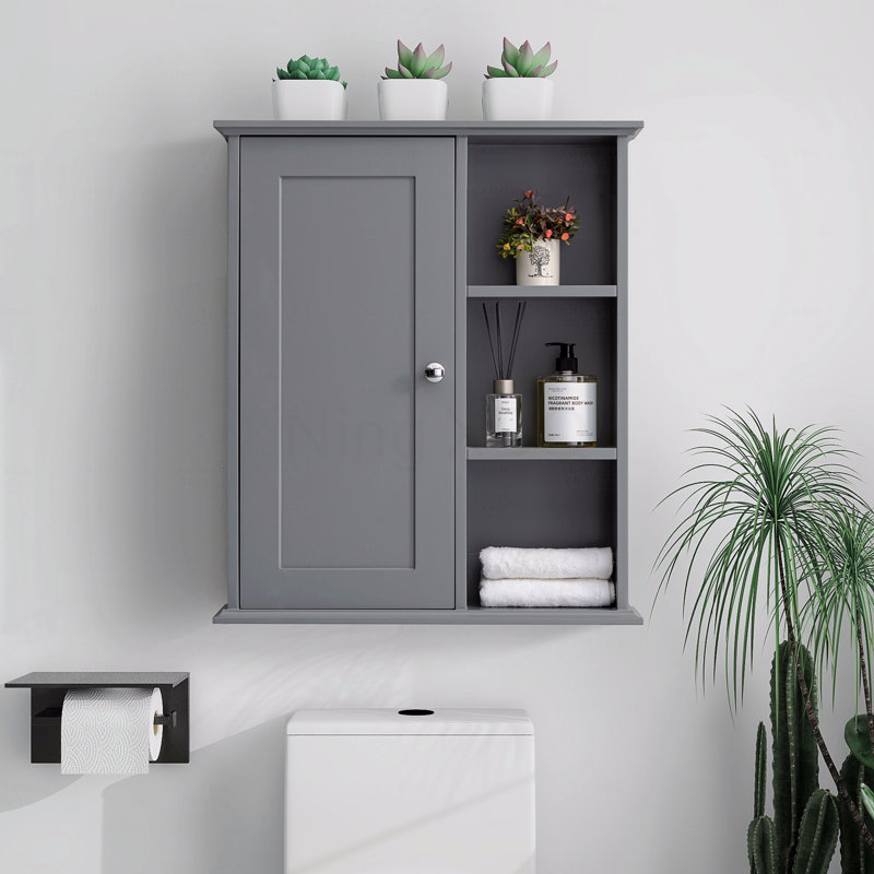 Gray Bathroom Wall Cabinet with Open Shelves & Soft-Close Door , Gray
