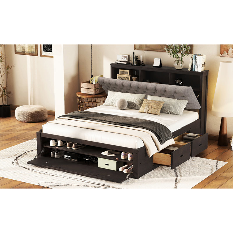 Grand lit plateforme en bois avec rangement pour tête de lit, 4 tiroirs et étagère à chaussures, tête de lit de qualité, tiroirs, double couche