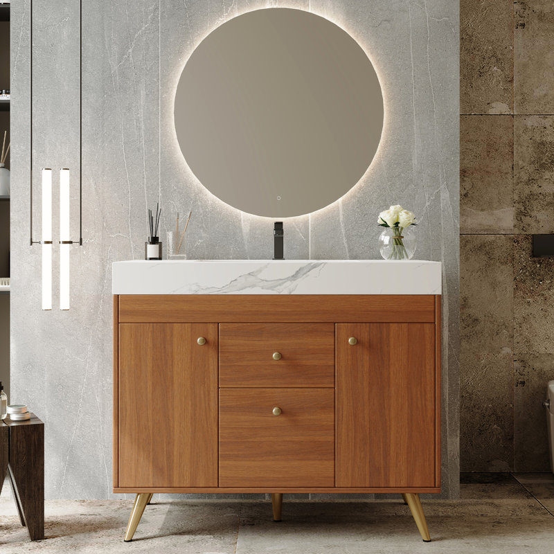Meuble-lavabo de luxe 36 po avec plateau en pierre frittée, lavabo en céramique et tablettes centrales - Conception surélevée pour une surface moderne facile d'accès, tiroirs blancs, articles rapides idéaux, petits espaces compacts