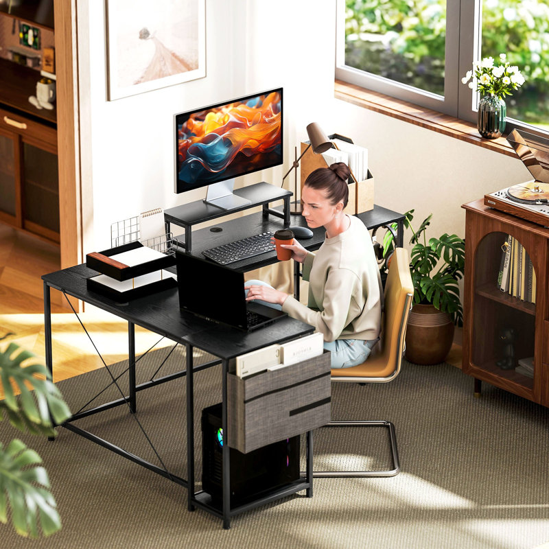 L-Shaped Metal Base Computer Desk, Black