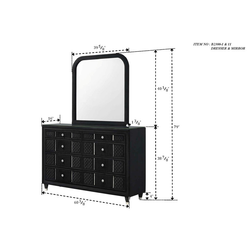 Ensemble de chambre à coucher de luxe à panneau tapissier avec tête de lit à oreilles noire, 3 pièces, Très grand lit