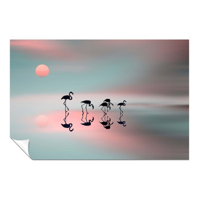 Pink And Blue Flamingo Silhouette Reflection - No Frame Print