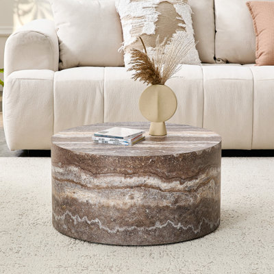 Table basse ronde en panneau de fibres à densité moyenne de 23,6 pouces de diamètre x 11,8 pouces de hauteur avec des meubles en bois aggloméré. Convient aux salons de style industriel ou minimaliste.