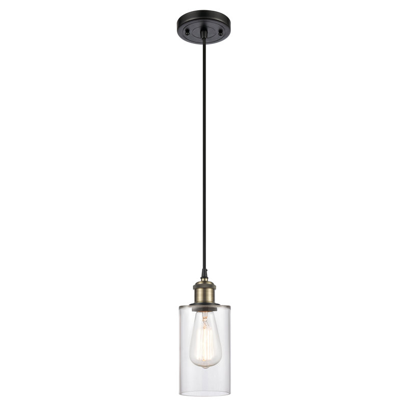 Luminaire suspendu cylindrique simple à 1 lumière Glessite, Transparent, Laiton antique noir, Ampoule non incluse