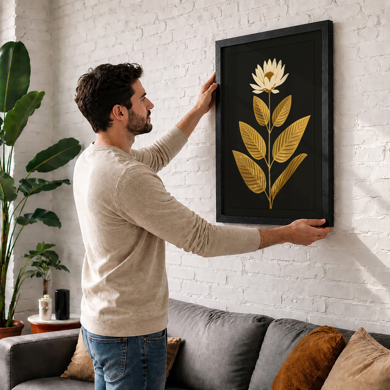 Gilded Lotus Botanical - Framed Print, A2 - 59.4 x 42.0 cm, White