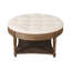 Table basse ronde avec pattes en bois - Revêtement en lin beige et blanc et rangement