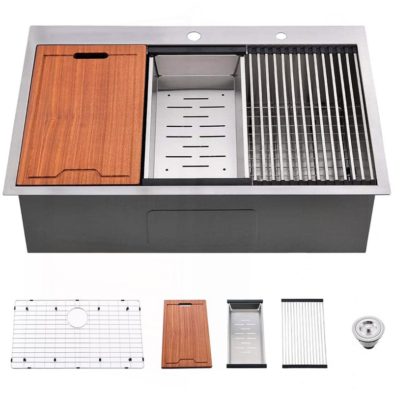 Évier de cuisine encastré à cuve simple en acier inoxydable de calibre 16 R10 de 33 po avec station de travail intégrée et accessoires (lot de 5) Work-Work