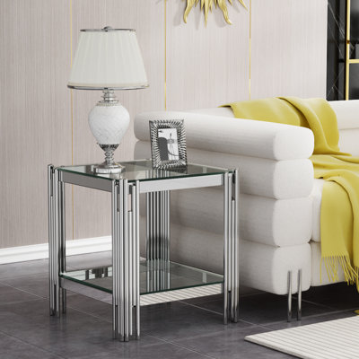 Table de bout carrée de luxe, table d'appoint en verre de 20 po avec structure en acier inoxydable et plateau en verre trempé, table de thé cocktail, table de bout moderne en verre pour bureau à domicile