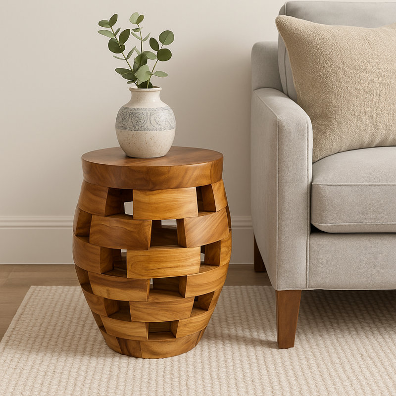Solid Teak Wood Accent End Table Puzzle Hexagon Eclectic Design