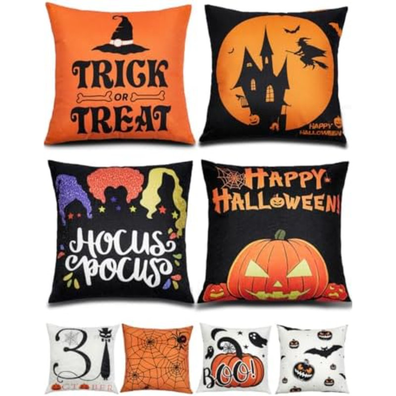 Halloween Pillow Covers 16x16 4Pcs Double‑Sided Print Home Décor, Orange,Black