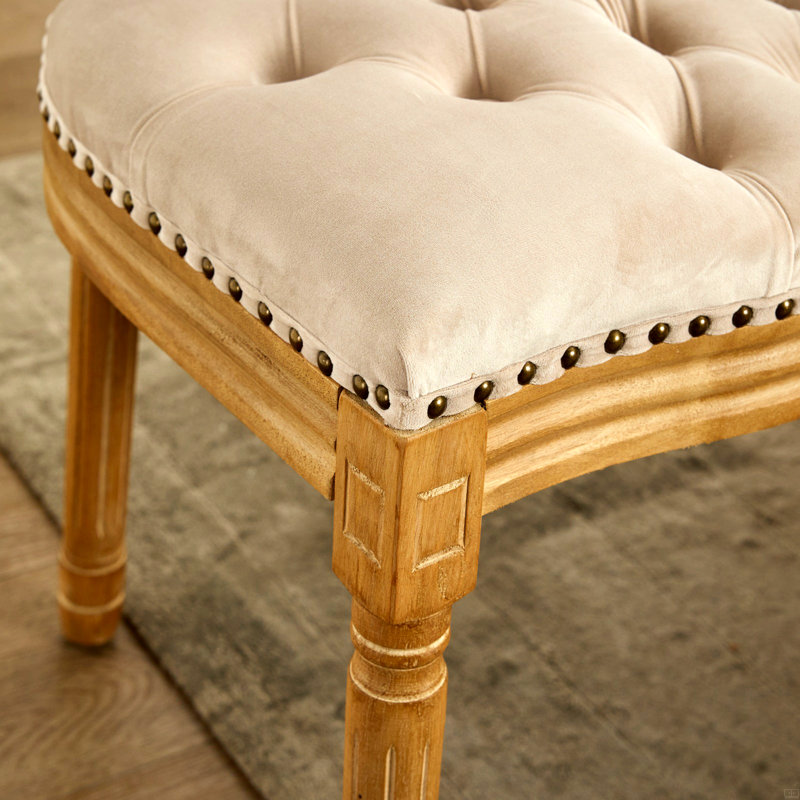 Chaise de salle à manger en velours artificiel en bois massif avec garniture cloutée, pieds en bois, ensemble de 2, Beige