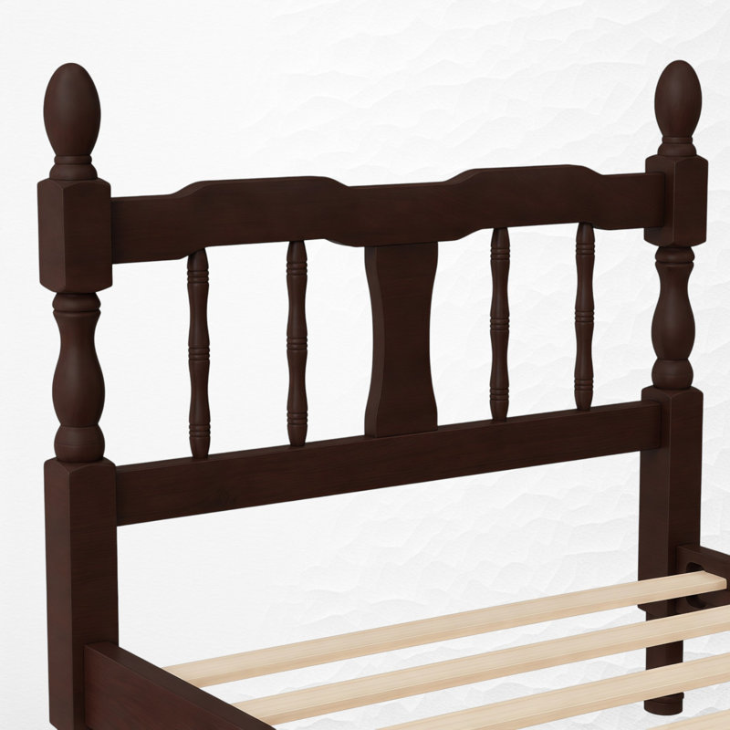 Cadre de lit plateforme en bois avec tête et pied de lit à fuseaux, Lit simple, Noyer foncé