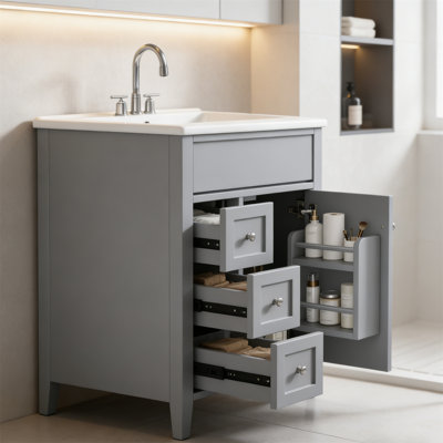 Bathroom Vanity Sink Set, Cabinet With Multifunctional Drawers And Adjustable Shelves, Soft Door Closure, Solid Wood Legs