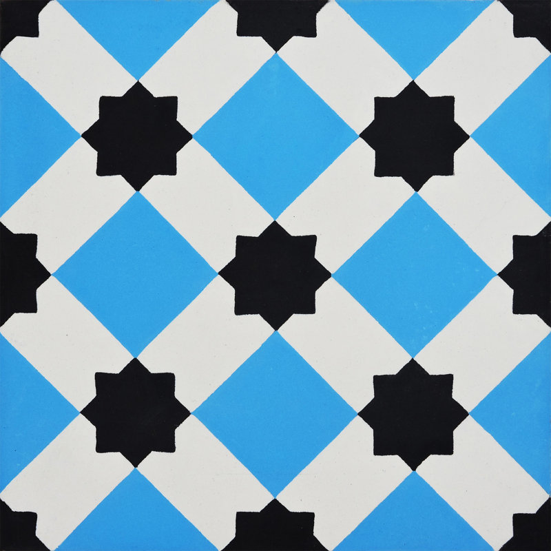 Ait Baha 8" x 8" Cement Patterned Wall & Floor Tile, Blue/Black