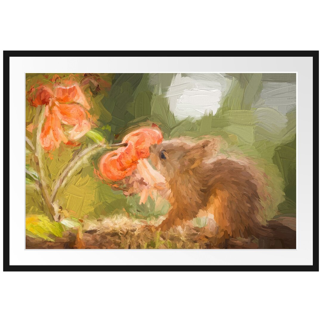 Gerahmtes Papierbild Eichhörnchen Riecht an einer Blume