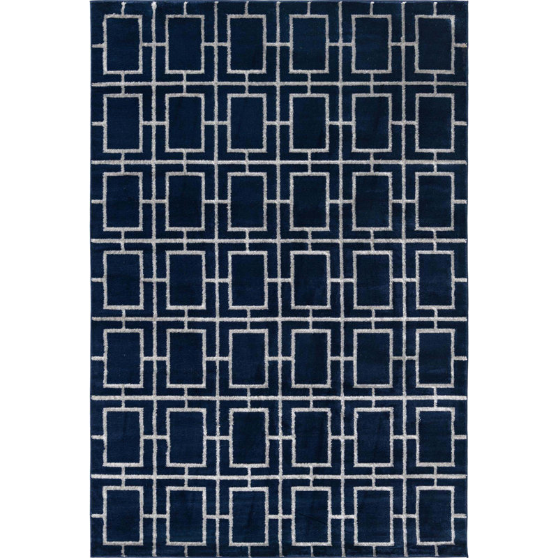 Glam Navy Blue Silver Area Rug, Rectangle 6'1" x 9'