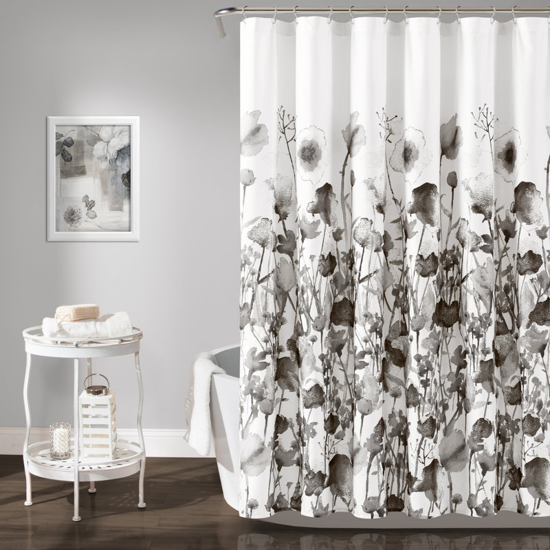 Zuri Flora White and Black Polyester Shower Curtain, 72" x 72"