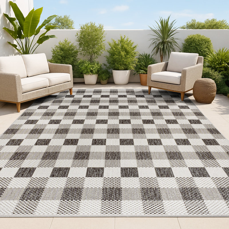 Drora Traditional Geometric Bold Gingham Black/Cream Indoor/Outdoor Rug, Rectangle 2'11" x 4'11"