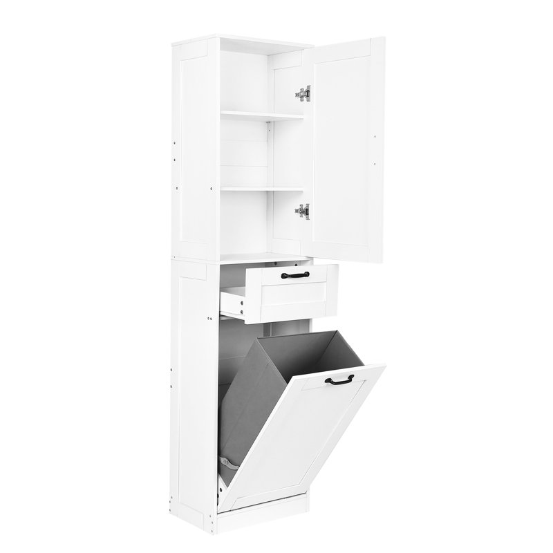 71" Tilt Out Laundry Hamper Cabinet with Basket & Adjustable Shelf, Tall Bathroom Storage Cabinet with Drawer
