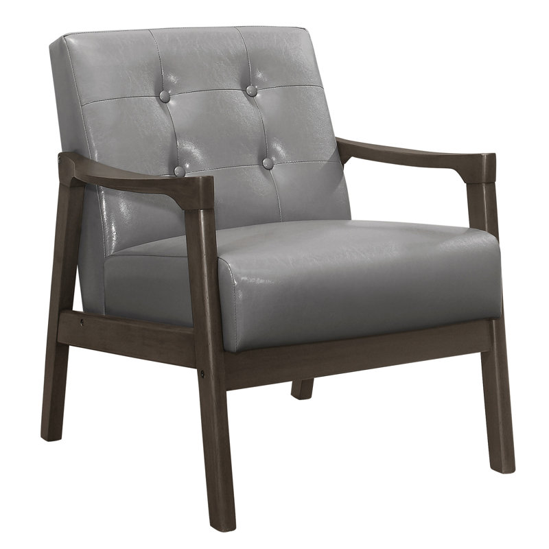 Chaise d'appoint grise en similicuir de style Mid-Century moderne et base en bois massif