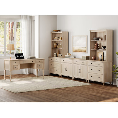 Bureau de direction 56 po avec tiroirs, bureau de ferme, meuble télé de divertissement de 75 po avec étagères, meuble télé 8 tiroirs, bureau avec 5 tiroirs classeurs pour bureau personnel et salle d'étude, beige