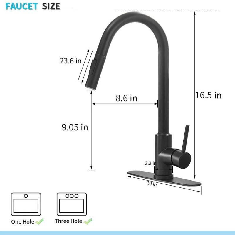 Robinet de cuisine à poignée simple rétractable, Noir mat