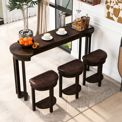 Ensemble de table de bar 4 pièces avec 3 tabourets de bar rembourrés en polyuréthane, table à manger à hauteur de comptoir en bois massif pour le salon et la salle à manger, espresso
