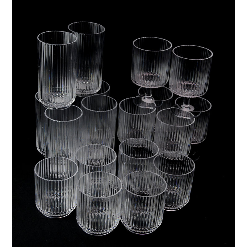 Defeis 18 Piece Ribbed Acrylic Assorted Glassware Set, Clear