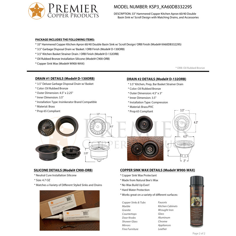 33" Hammered Copper Kitchen Apron 60/40 Double Basin Sink w/ Scroll Design with Matching Drains, and Accessories