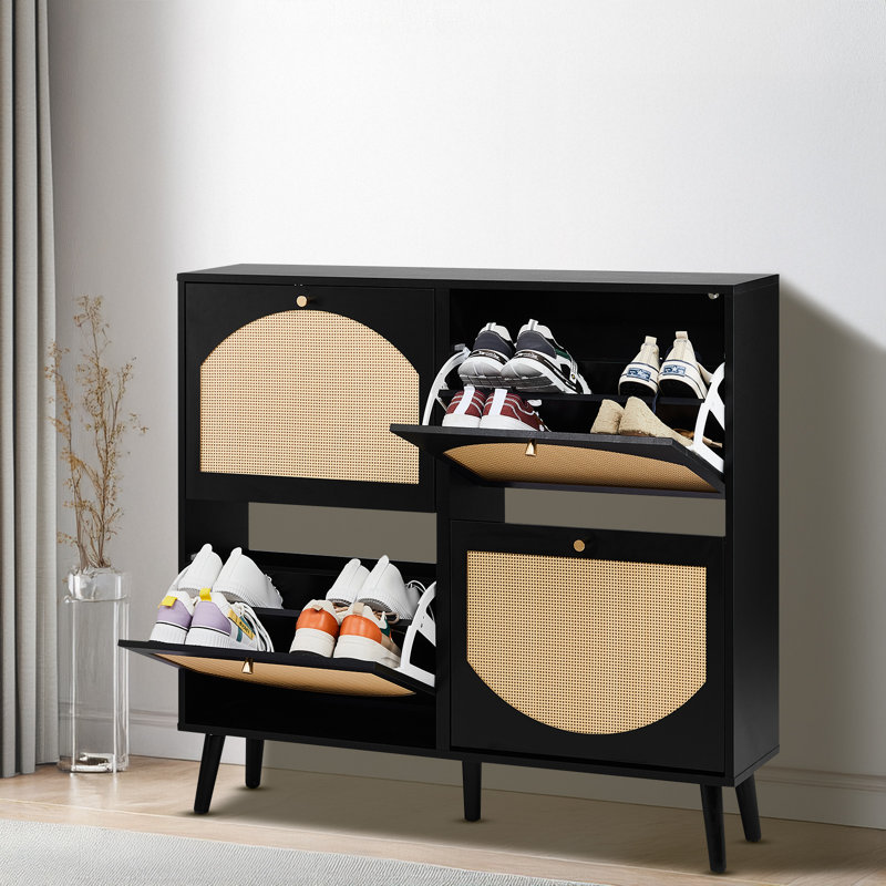 Armoire à chaussures arquée en rotin avec cadre noir - Rangement rustique moderne à rabat avec pieds surélevés