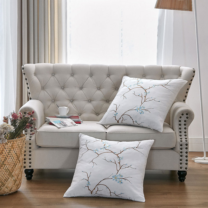 Cherry Blossom Embroidered Pillow Cover, Light Blue