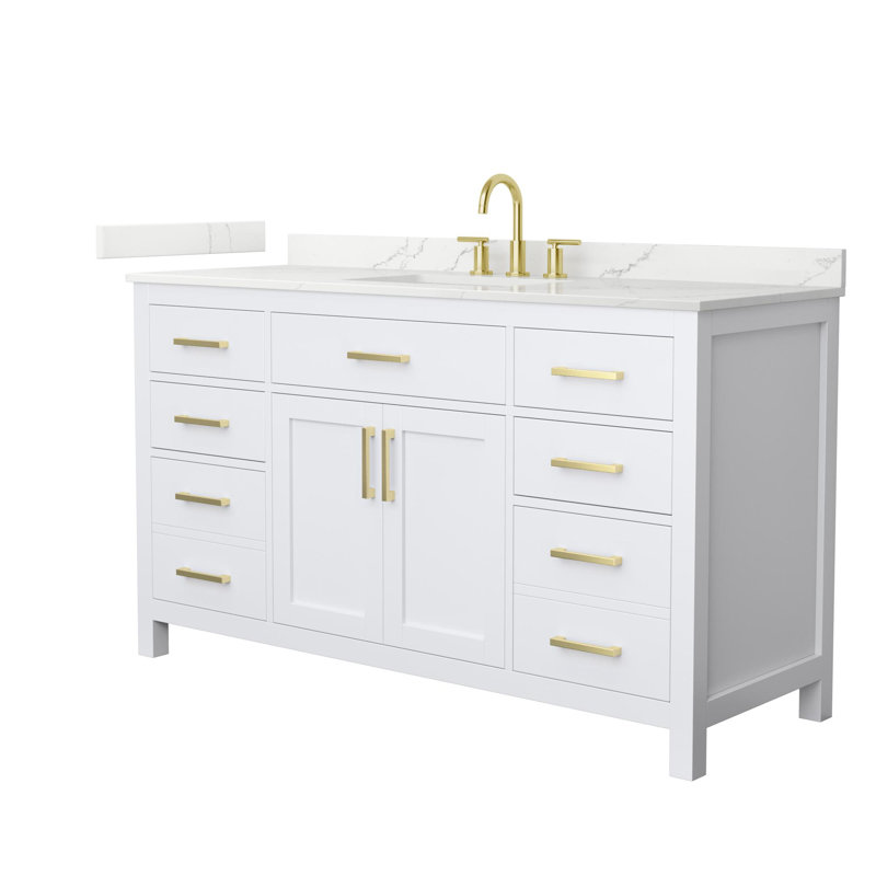 Beckett 60" Freestanding Single Bathroom Vanity with Quartz Top, Brushed Gold, White Quartz, Green