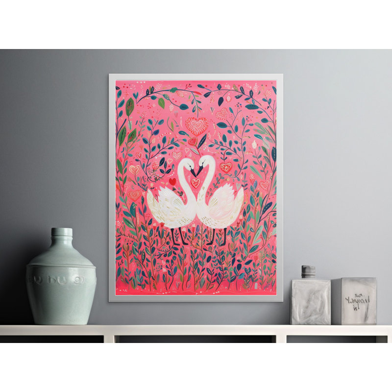 Swan Heart Wall Art, Love Birds Print, Pink Floral Art, Romantic Home Decor, Framed Art, Available in Sizes